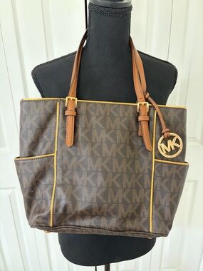 Michael Kors Brown Monogram Tote with Tan Straps and Yellow Trim